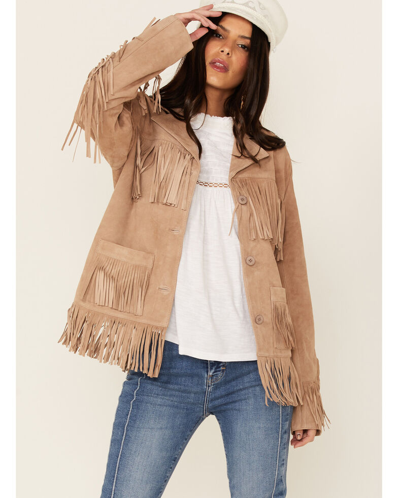 Stetson Women's Fringe Leather Jacket, Camel, hi-res