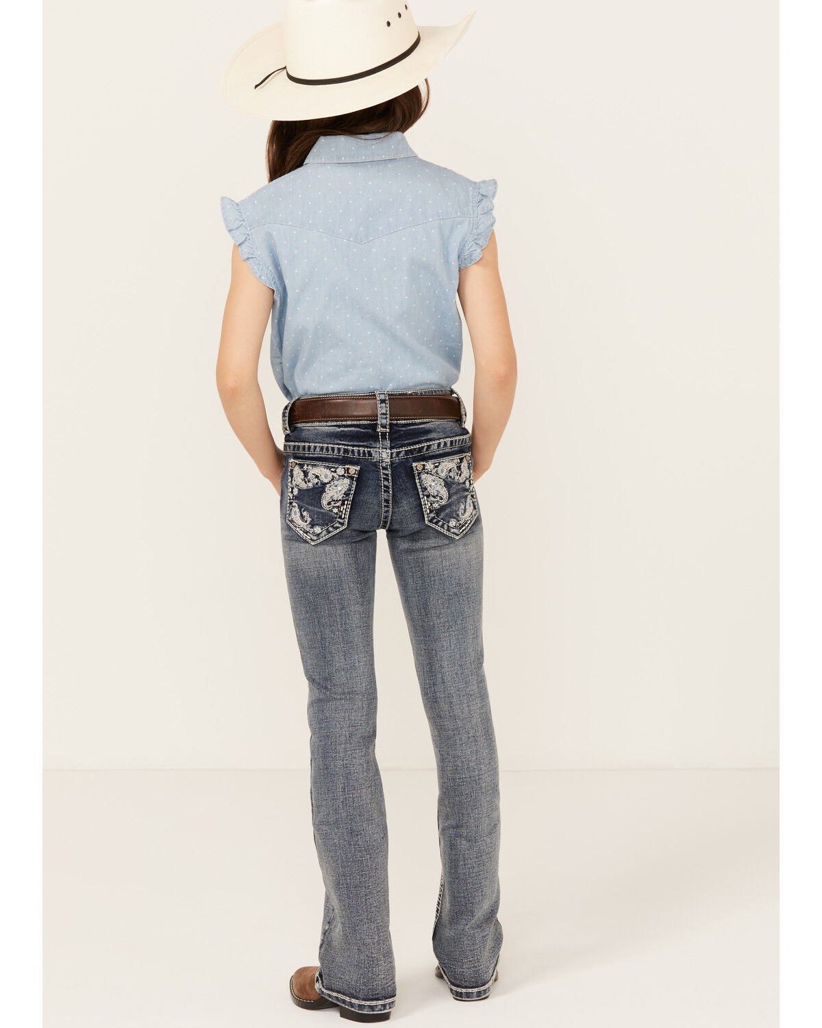 Image #1 - Shyanne Little Girls' Medium Wash Faded Paisley Pocket Stretch Bootcut Jeans, Blue, hi-res