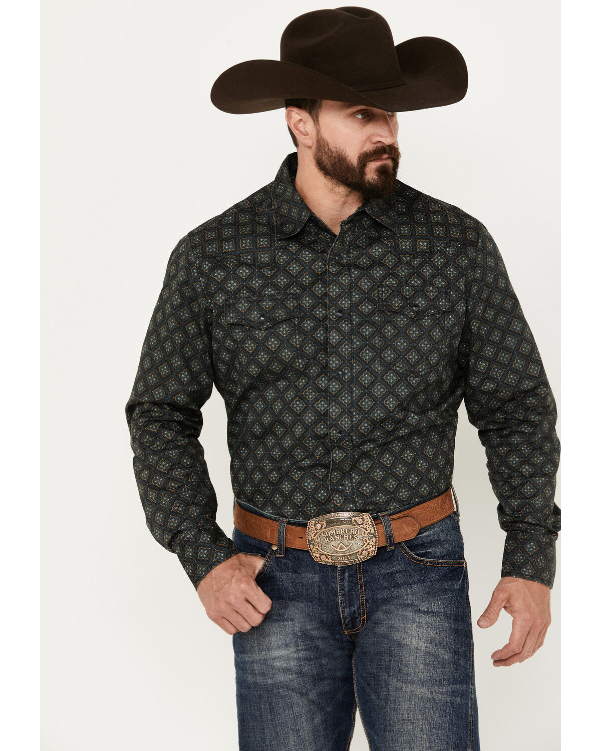 Image #1 - Wrangler Retro Men's Premium Medallion Print Long Sleeve Snap Western Shirt, Black, hi-res