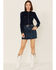 Image #2 - Rock & Roll Denim Women's Dark Wash Studded Belted Western Denim Mini Skirt, Blue, hi-res