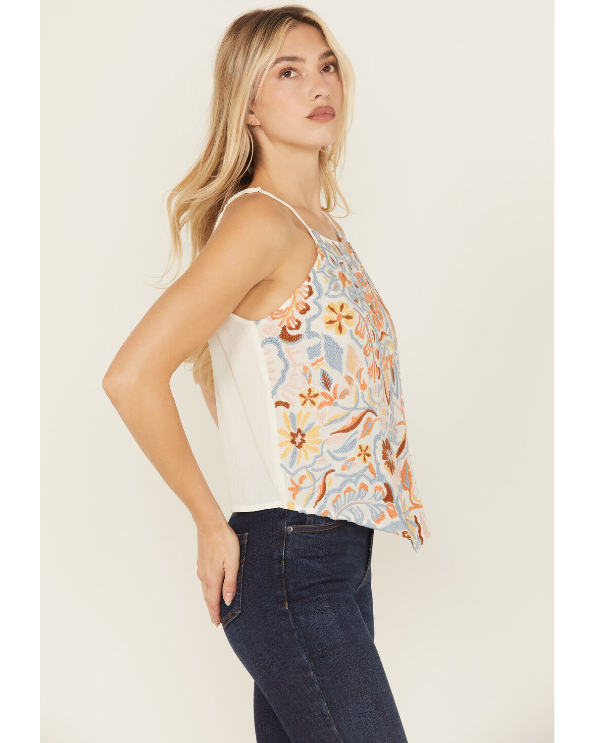 Image #2 - Idyllwind Women's Floral Haze Embroidered Crinkle Tank Top, Ivory, hi-res