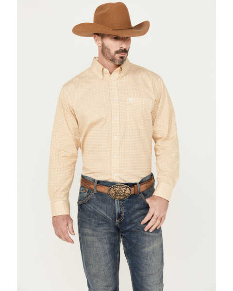 Panhandle Select Men's Geo Print Long Sleeve Button-Down Western Shirt, Yellow, hi-res
