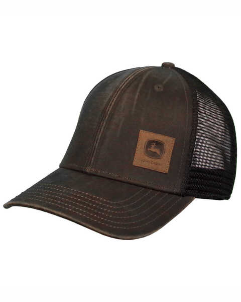 Image #1 - John Deere Men's Brown Leather Patch Logo Mesh Ball Cap, Brown, hi-res