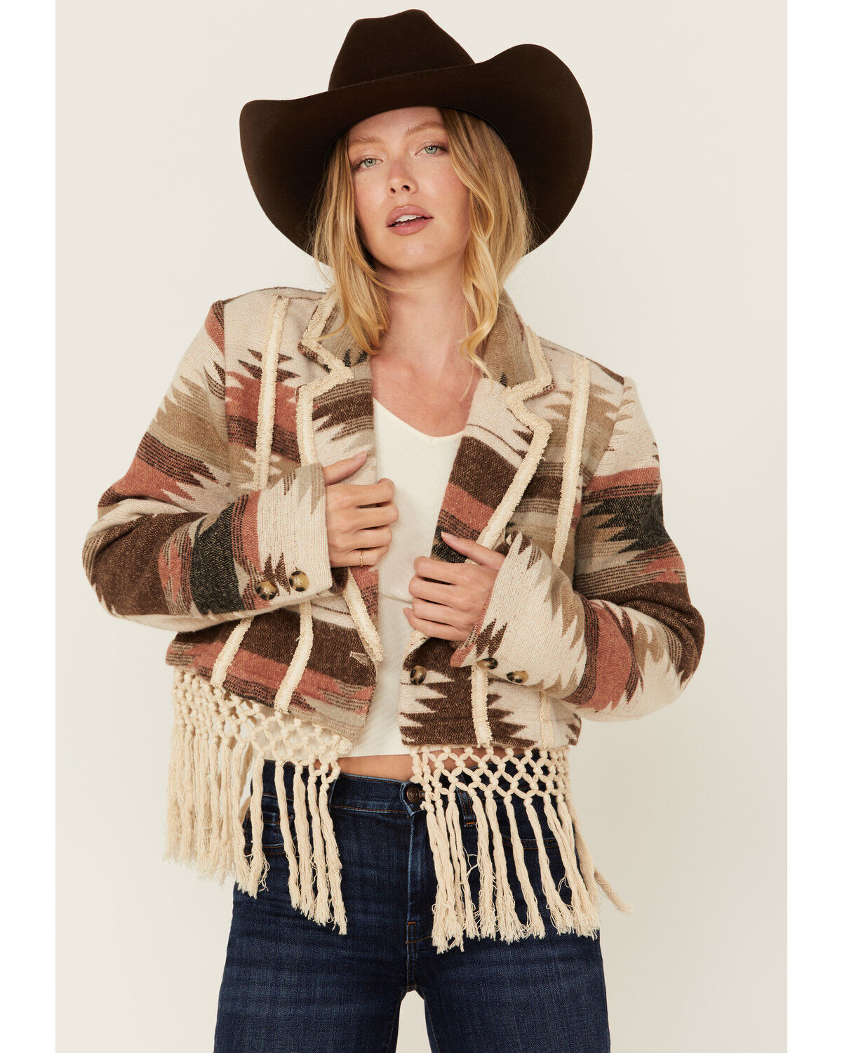 Image #1 - Miss Me Women's Southwestern Print Cropped Blazer, Beige, hi-res