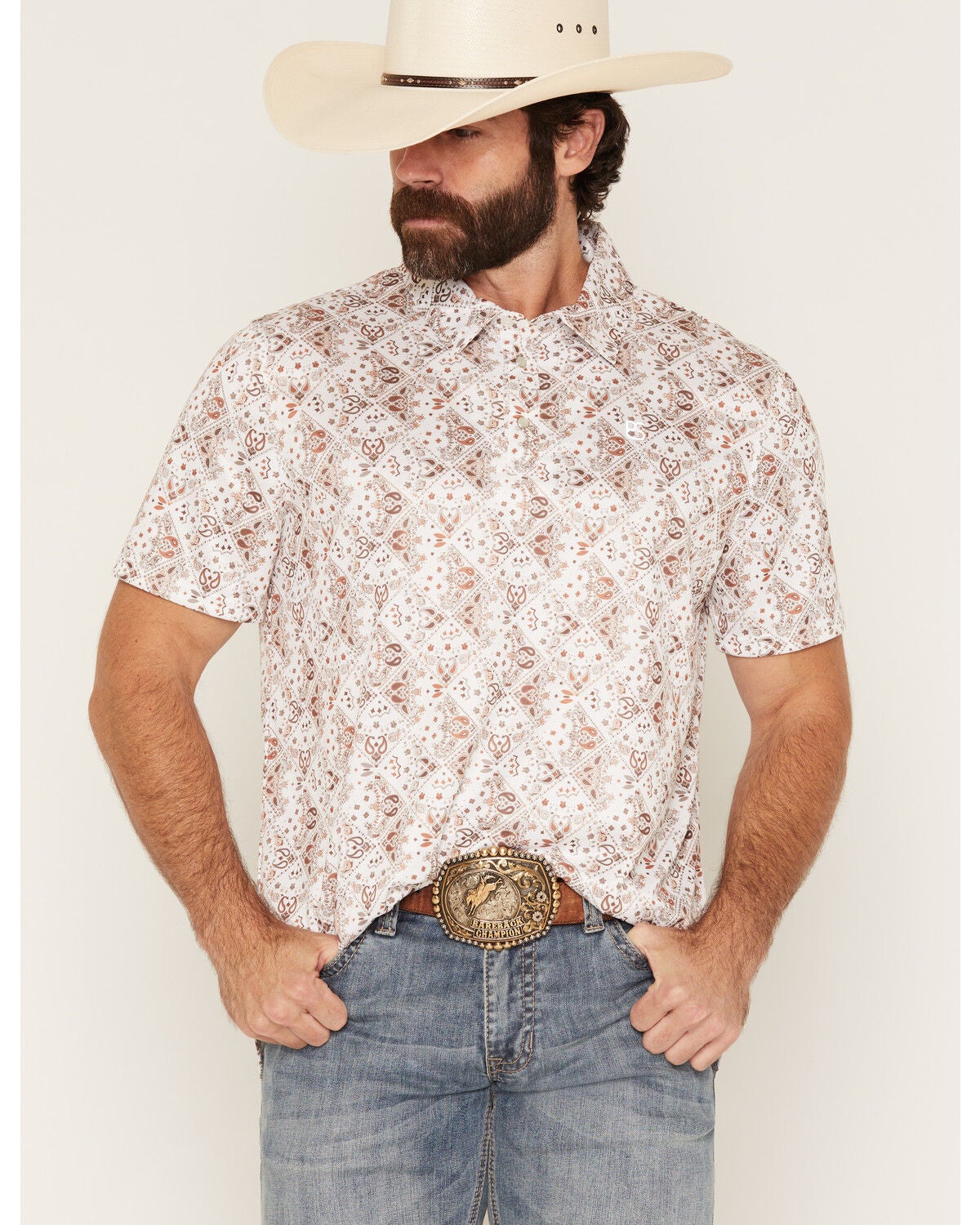Panhandle Slim Men's Bandana Print Short Sleeve Pearl Snap Performance Polo, Natural, hi-res