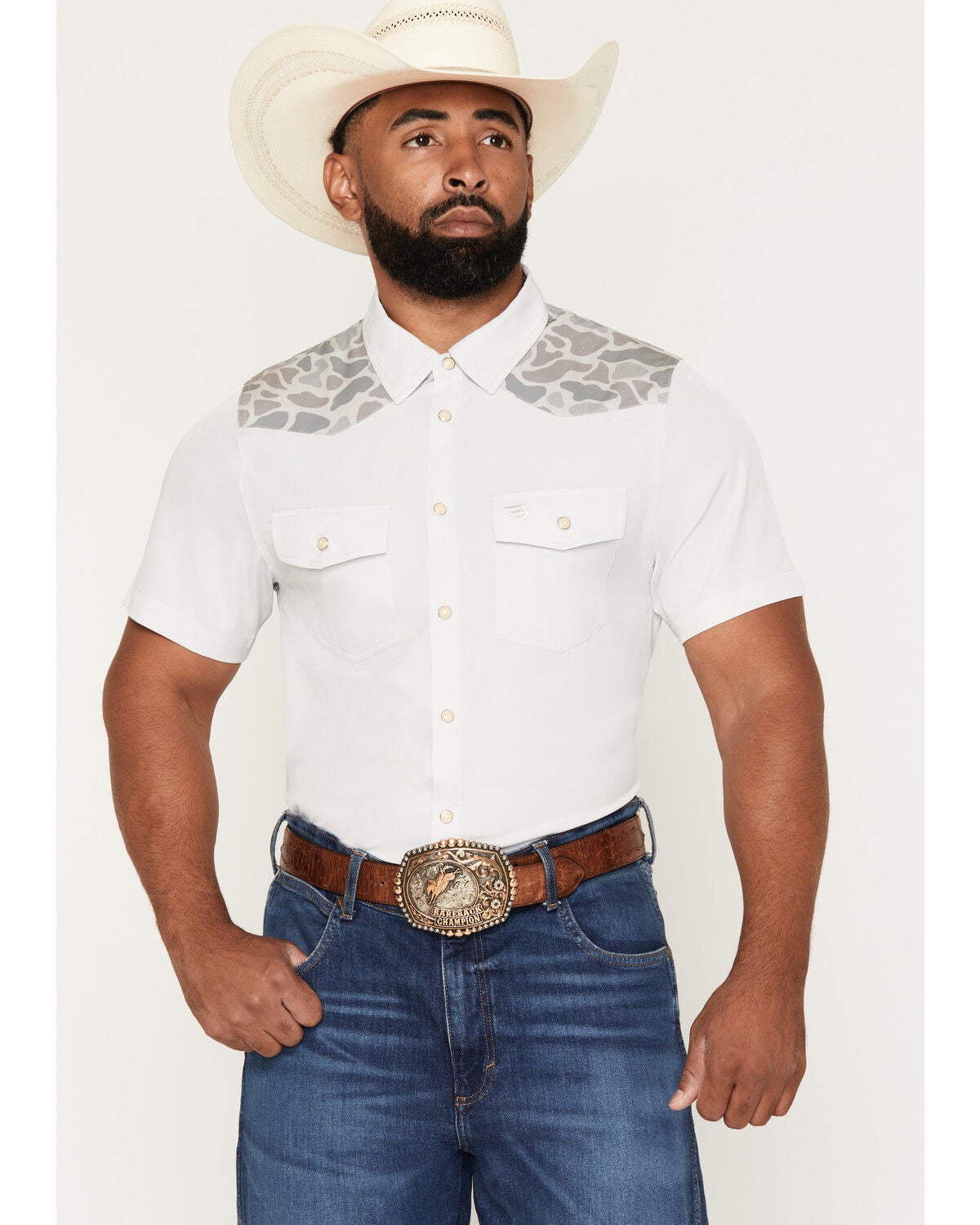 Image #1 - Burlebo Men's Camo Color Block Short Sleeve Snap Performance Western Shirt, Grey, hi-res