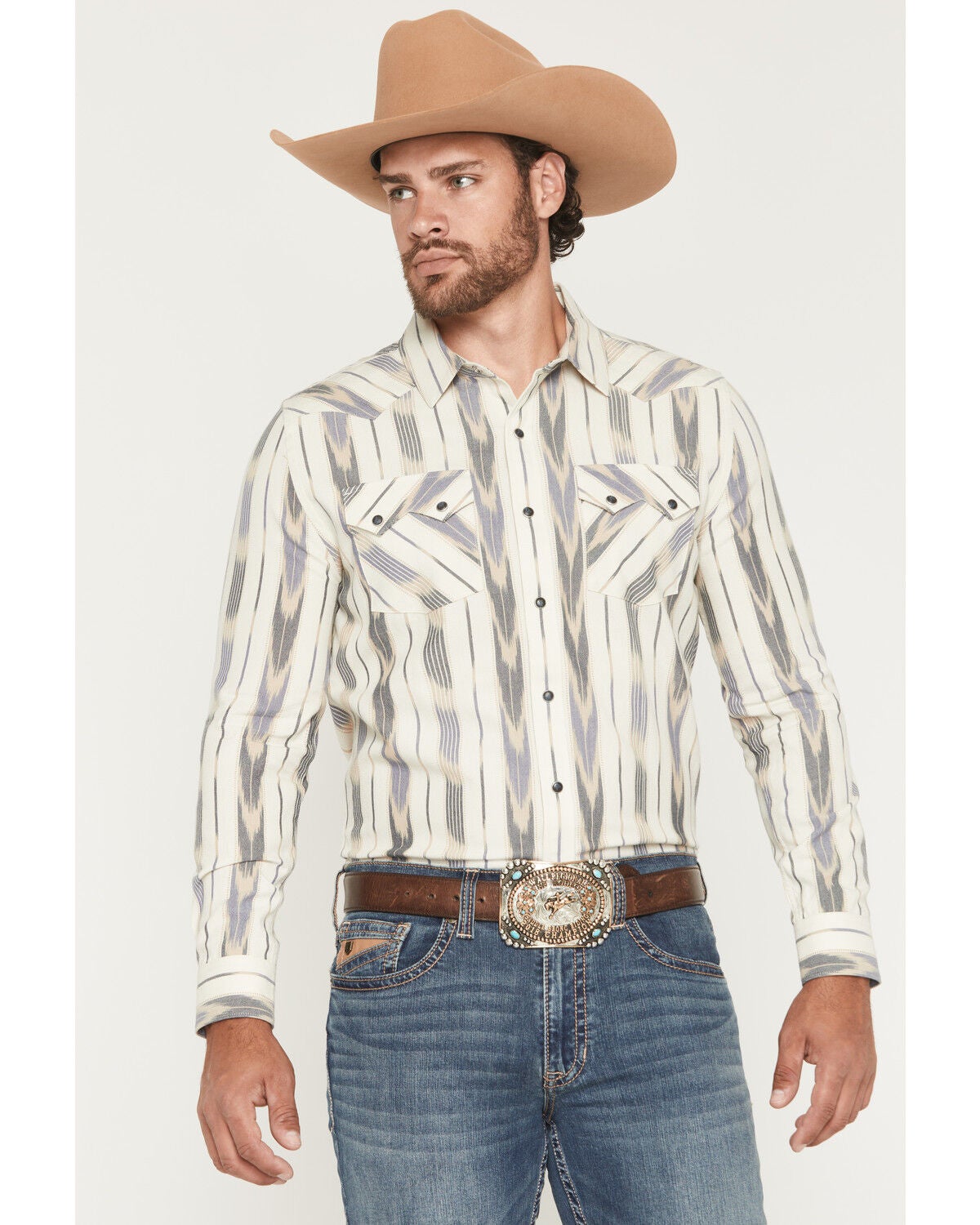 Panhandle Slim Men's Ikat Striped Print Long Sleeve Snap Western Shirt, Cream, hi-res