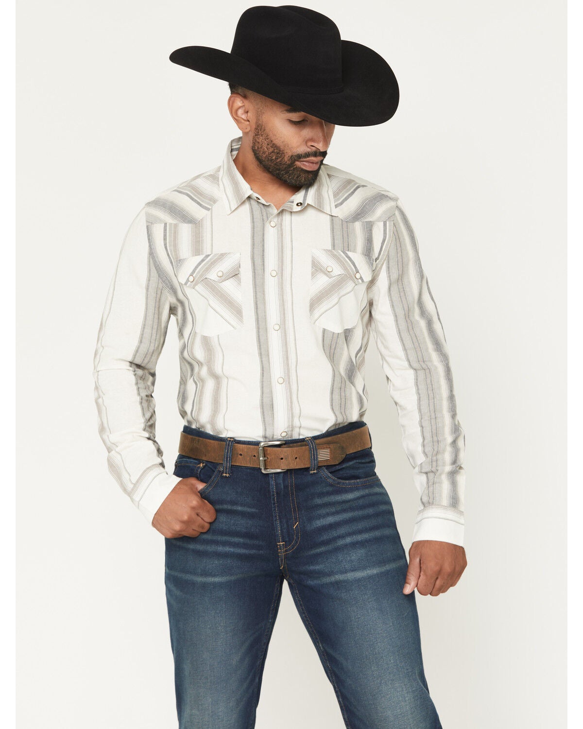 Image #1 - Panhandle Men's Vintage Stripe Print Long Sleeve Snap Western Shirt, Natural, hi-res