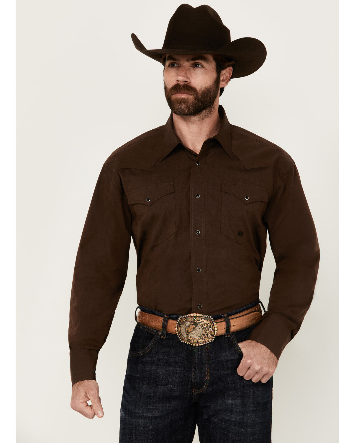 Image #1 - Roper Men's Amarillo Solid Long Sleeve Snap Western Shirt, Brown, hi-res