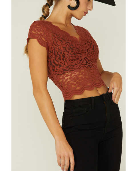 Image #2 - Shyanne Women's Lace Knit Flutter Sleeve Crop Top , Brandy Brown, hi-res