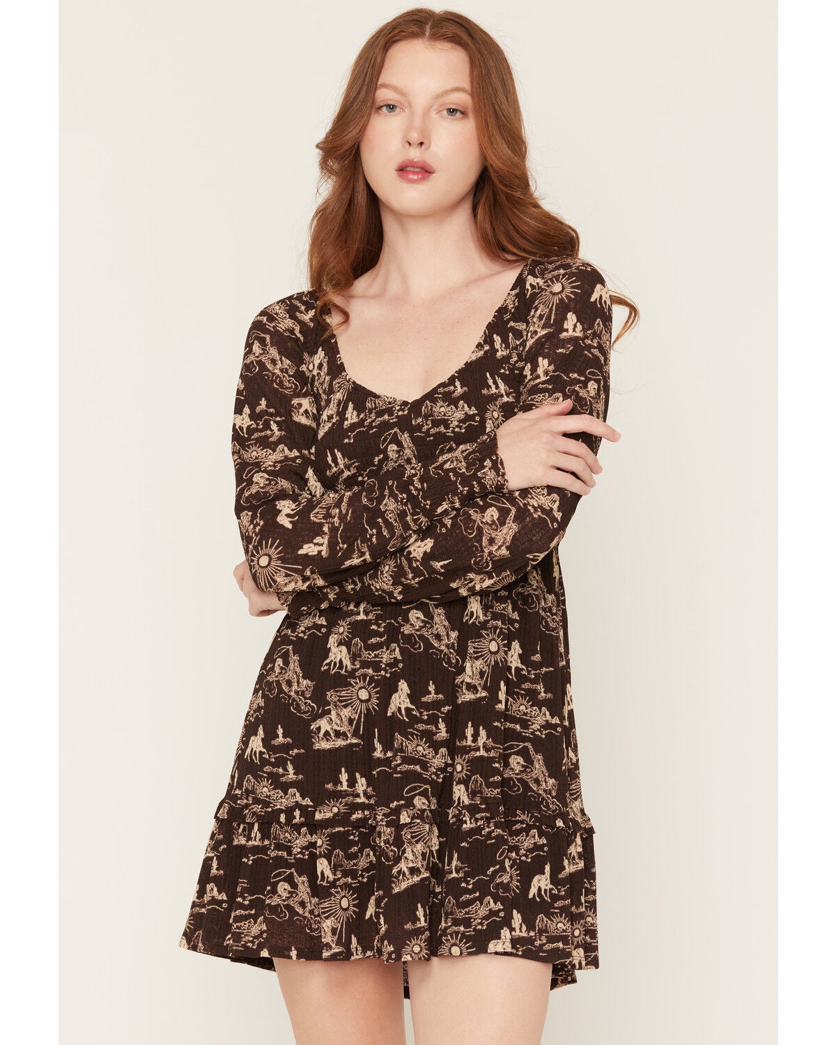 Idyllwind Women's Aldrich Conversation Print Long Sleeve Mini Dress, Dark Brown, hi-res