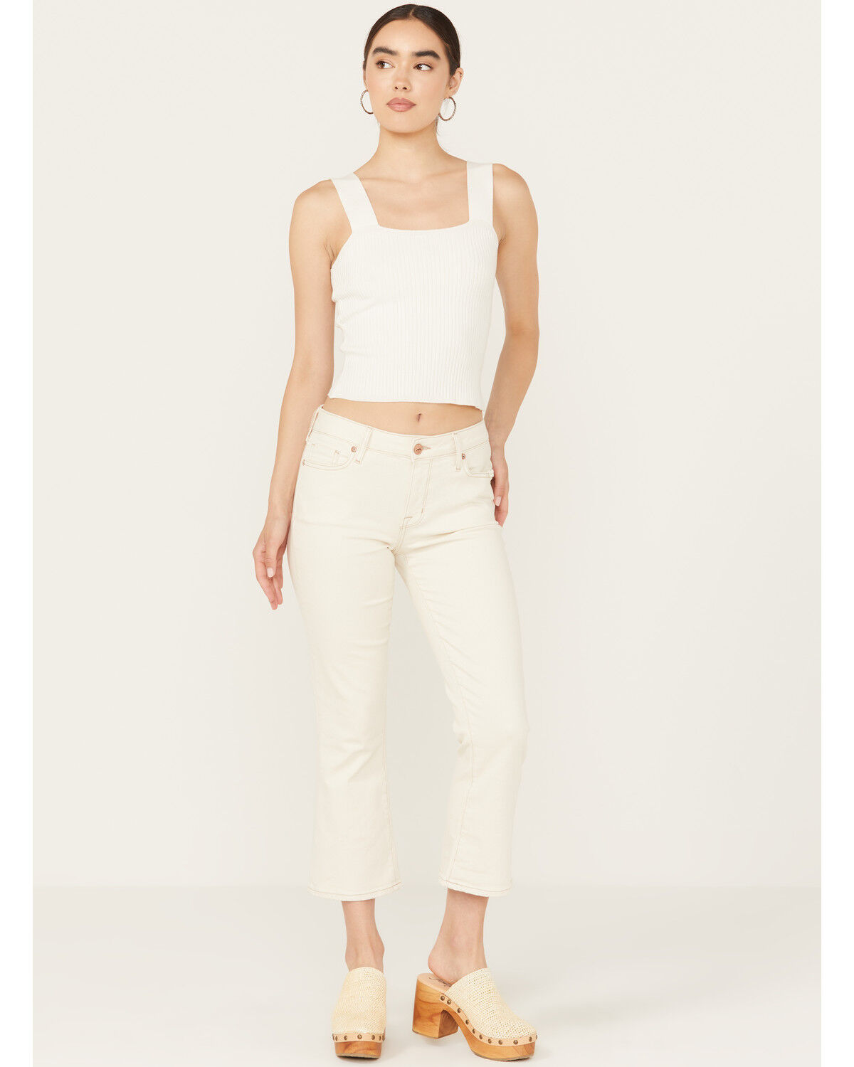 Image #1 - Mia and Moss Women's Antique Mid Rise Kick Flare Stretch Jeans, White, hi-res