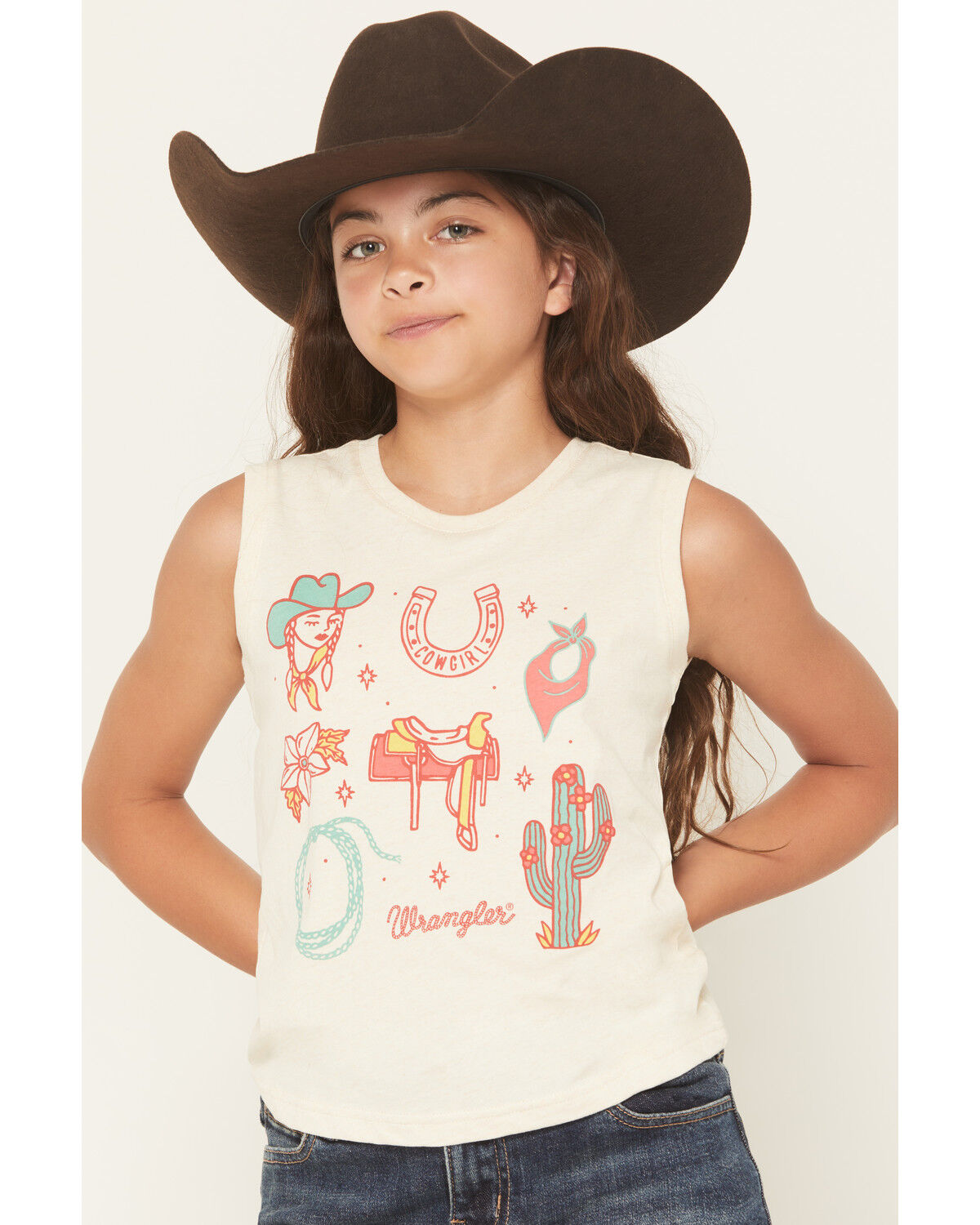 Image #2 - Wrangler Girls' Western Conversation Print Sleeveless Graphic Tee, Cream, hi-res