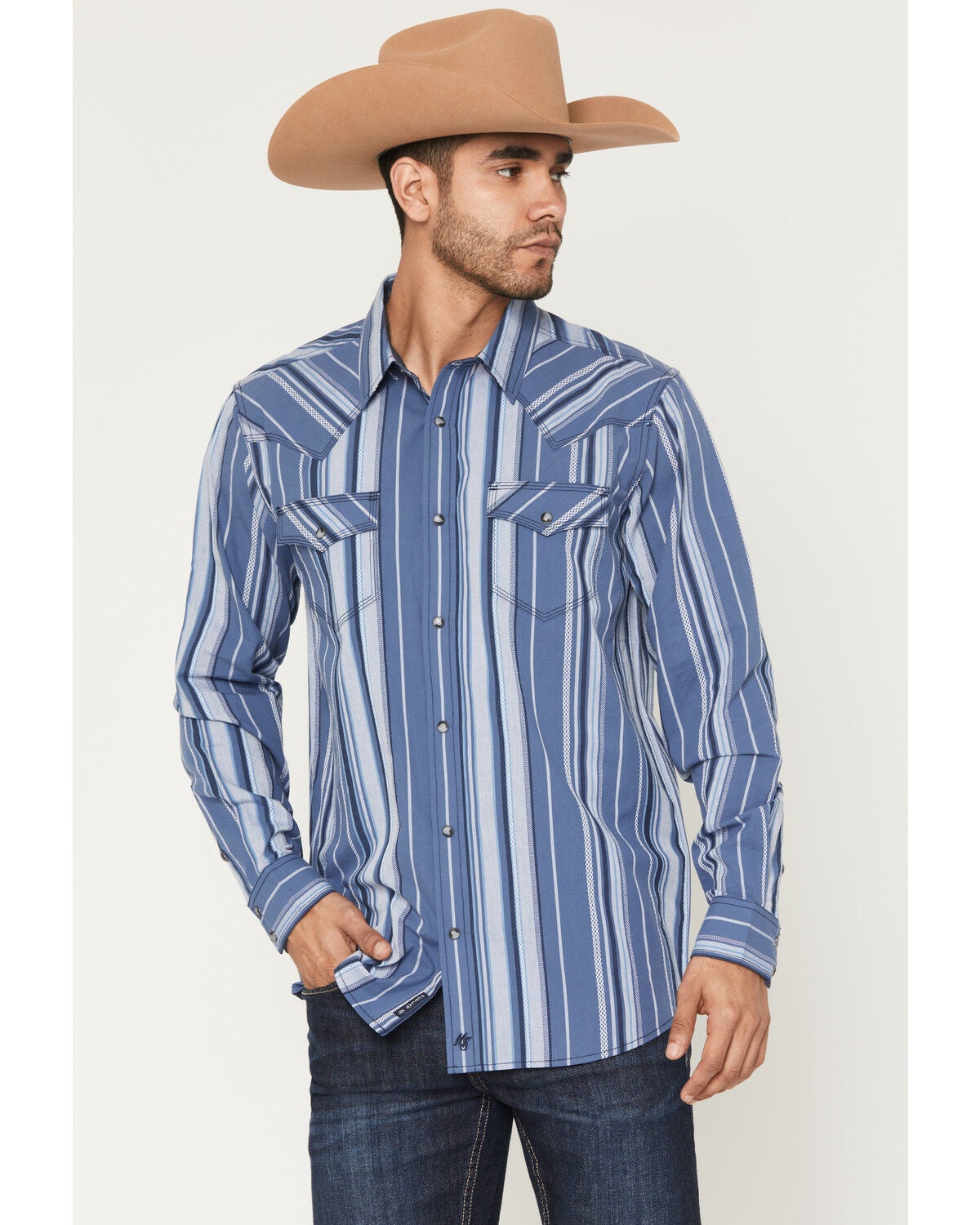 Moonshine Spirit&reg; Men's Bloom Striped Long Sleeve Snap Western Shirt, Blue, hi-res
