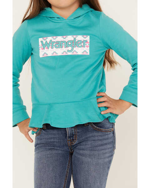 Image #3 - Wrangler Girls' Southwestern Logo Graphic Ruffle Hem Hoodie, Turquoise, hi-res