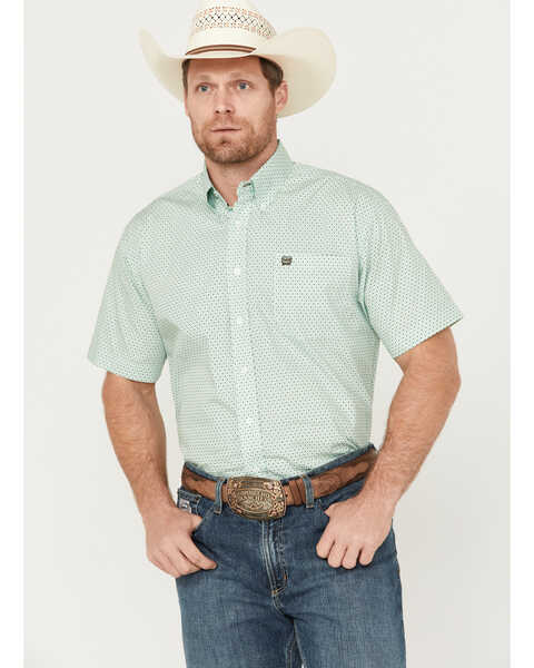 Cinch Men's Geo Print Short Sleeve Button Down Western Shirt, Green, hi-res