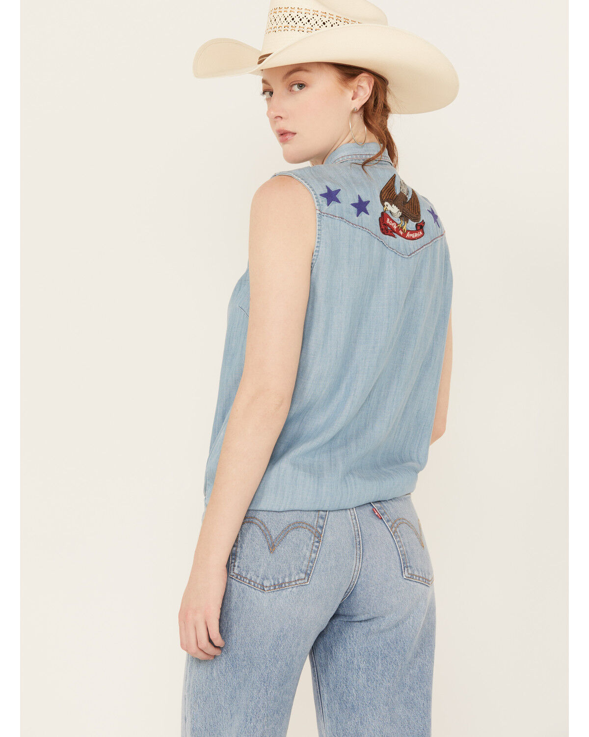 Image #4 - Ariat Women's Liberty Embroidered Button Down Sleeveless Top, Blue, hi-res