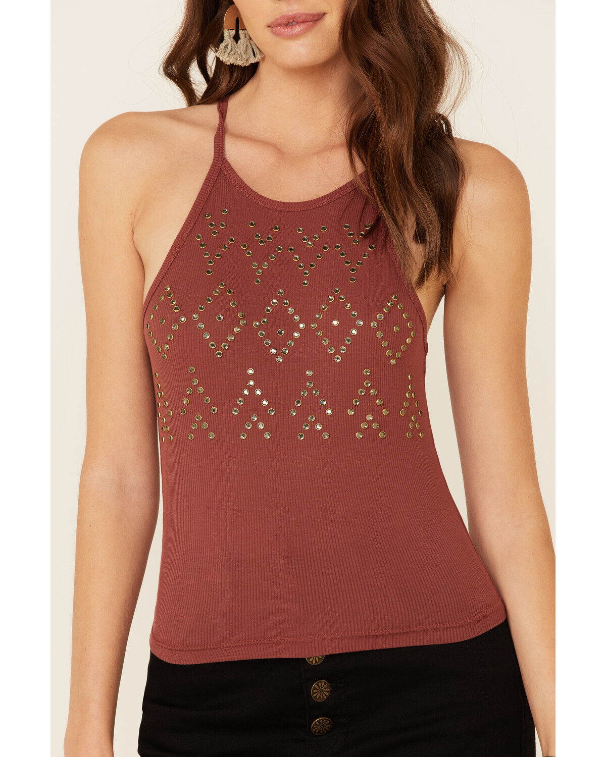 Image #3 - Rock & Roll Denim Women's Rust Studded Ribbed Tank Top, Rust Copper, hi-res