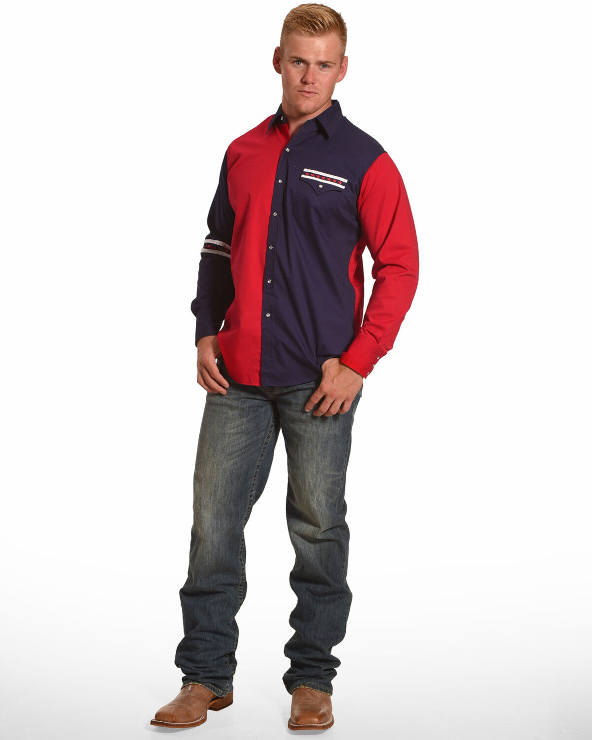Image #4 - Ely Walker Men's Americana Colorblock Long Sleeve Western Shirt, Blue, hi-res