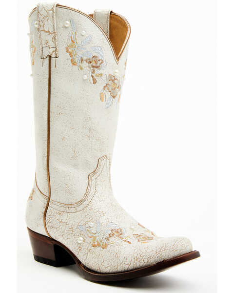 Shyanne Women's Byrdie Crack Embroidered Western Boots - Round Toe , Ivory, hi-res
