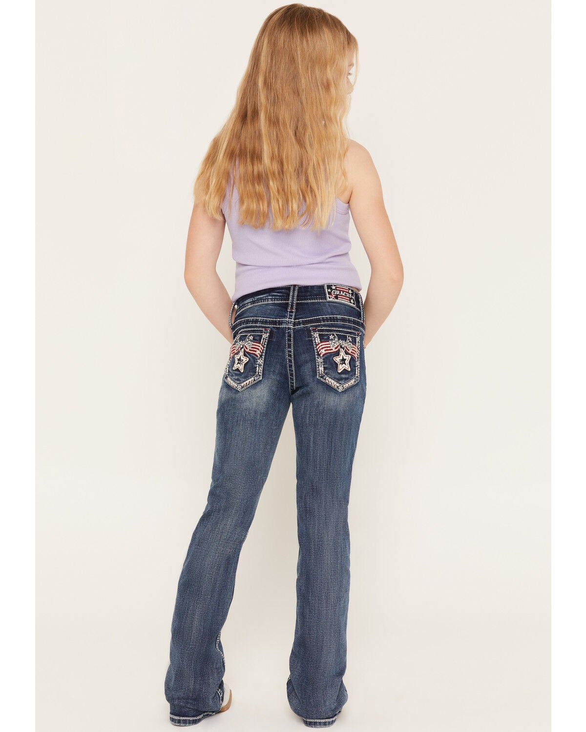 Grace in LA Girls' Medium Wash Americana Star & Flag Bootcut Stretch Denim Jeans, Medium Wash, hi-res