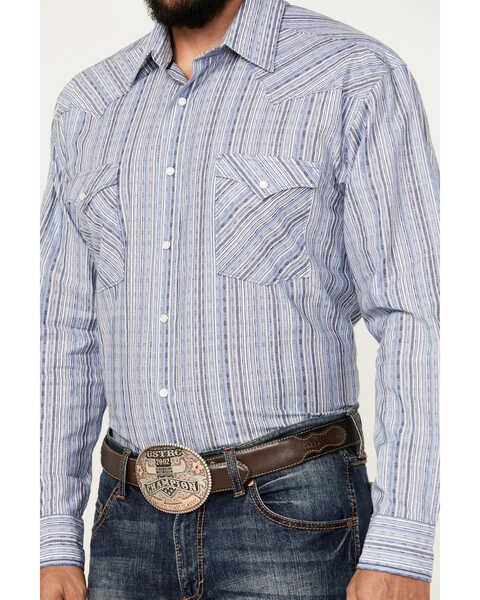 Image #3 - Rough Stock by Panhandle Men's Dobby Striped Print Long Sleeve Pearl Snap Western Shirt, Blue, hi-res