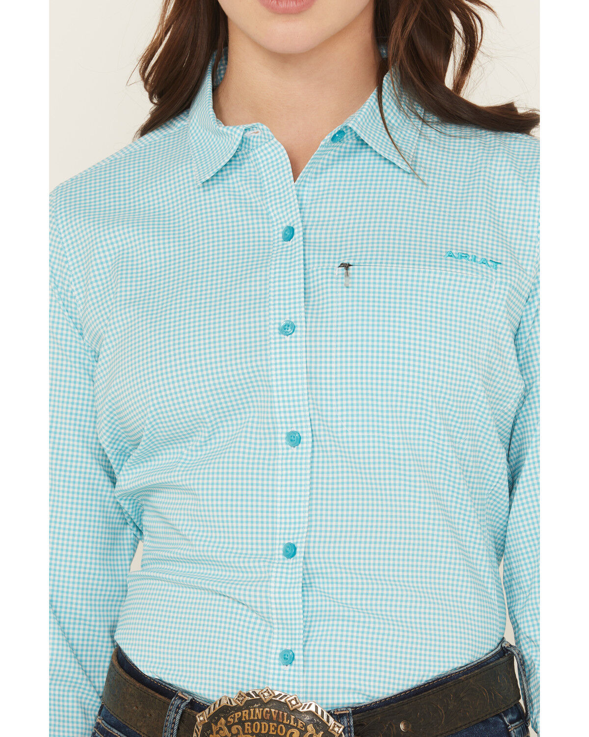 Image #3 - Ariat Women's VentTEK Plaid Print Long Sleeve Button-Down Stretch Western Shirt, Turquoise, hi-res