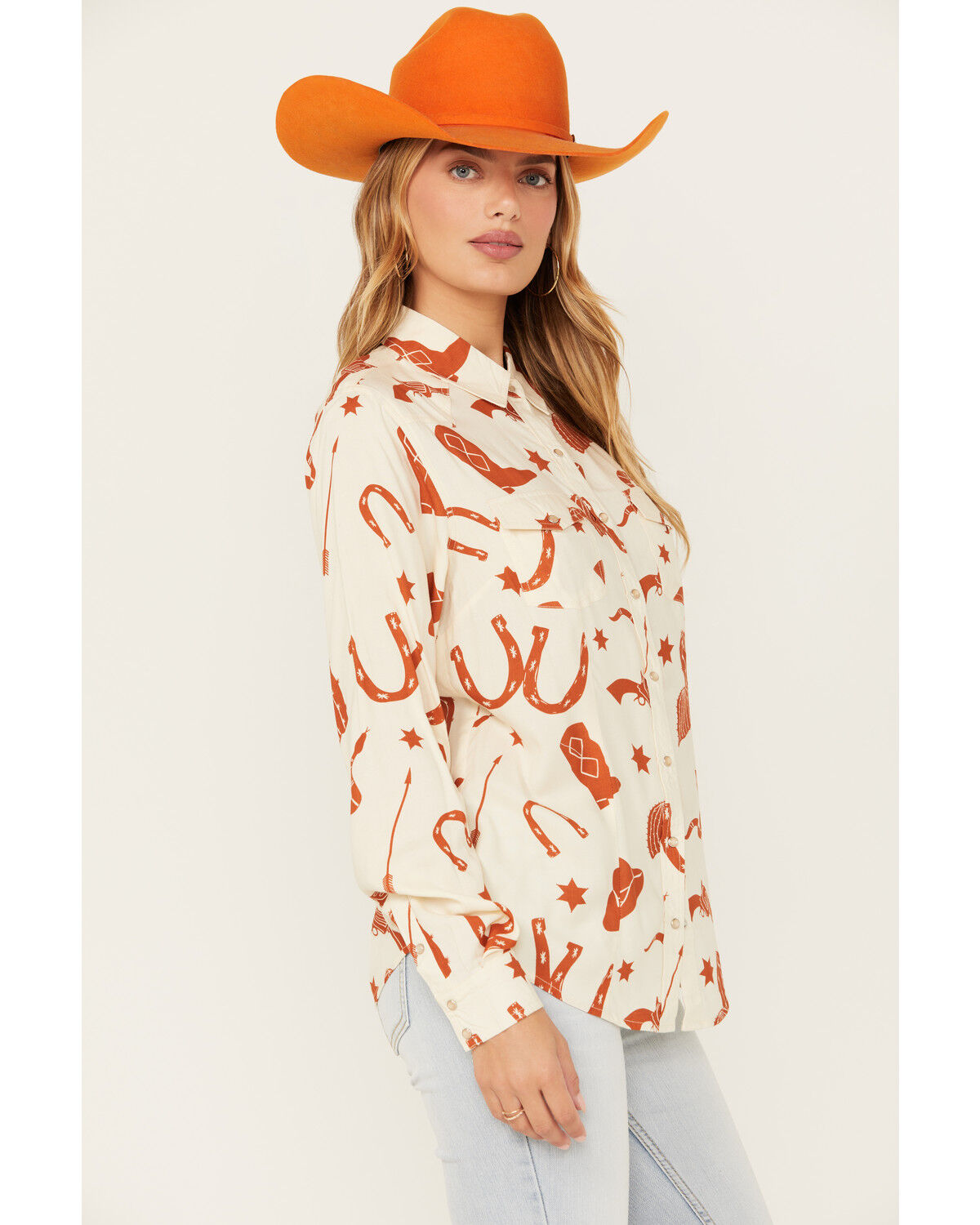 Image #2 - Cotton & Rye Women's Snake and Boot Conversation Print Long Sleeve Pearl Snap Western Shirt, Cream, hi-res