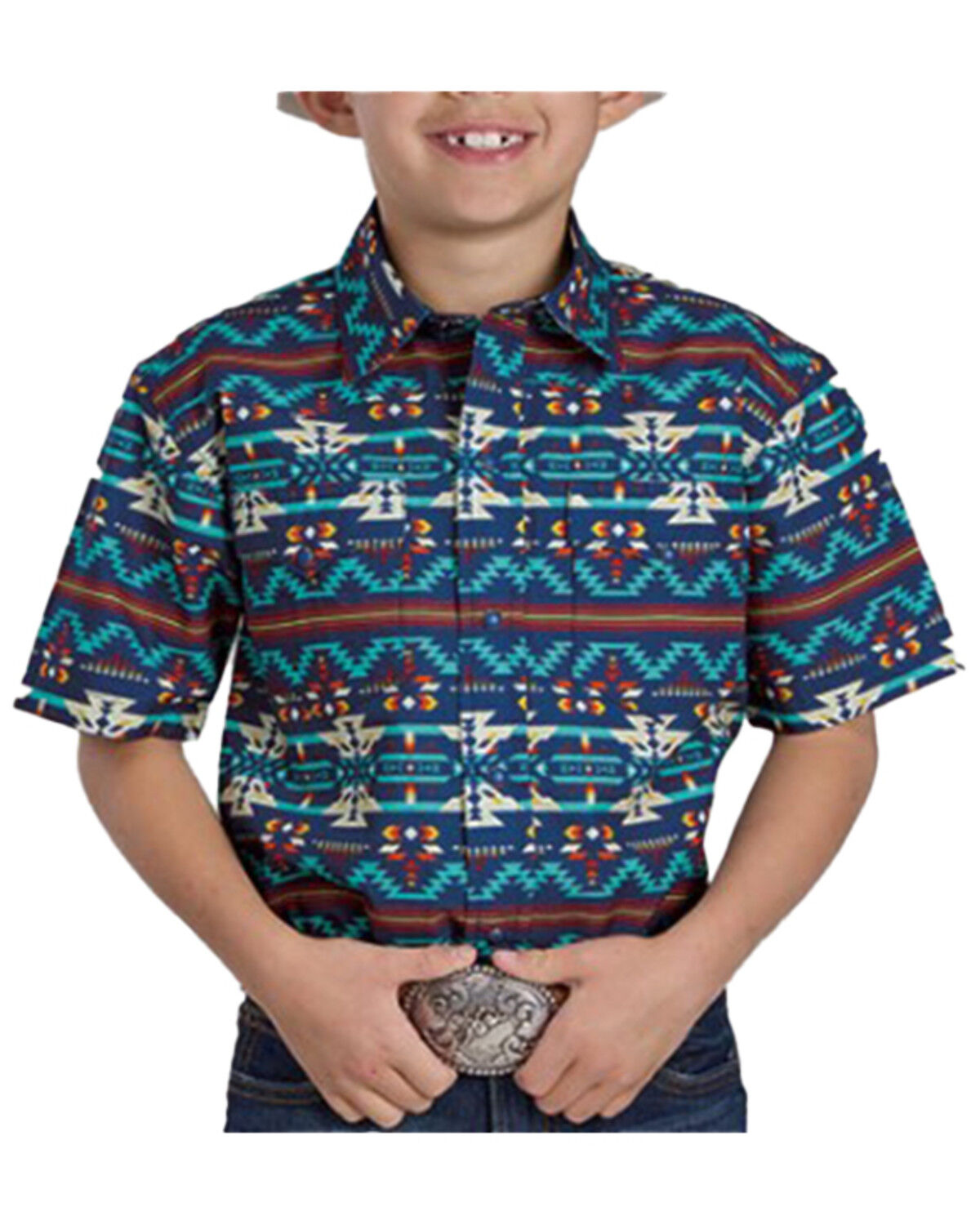 Image #1 - Roper Boys' Southwestern Striped Short Sleeve Snap Western Shirt, Blue, hi-res