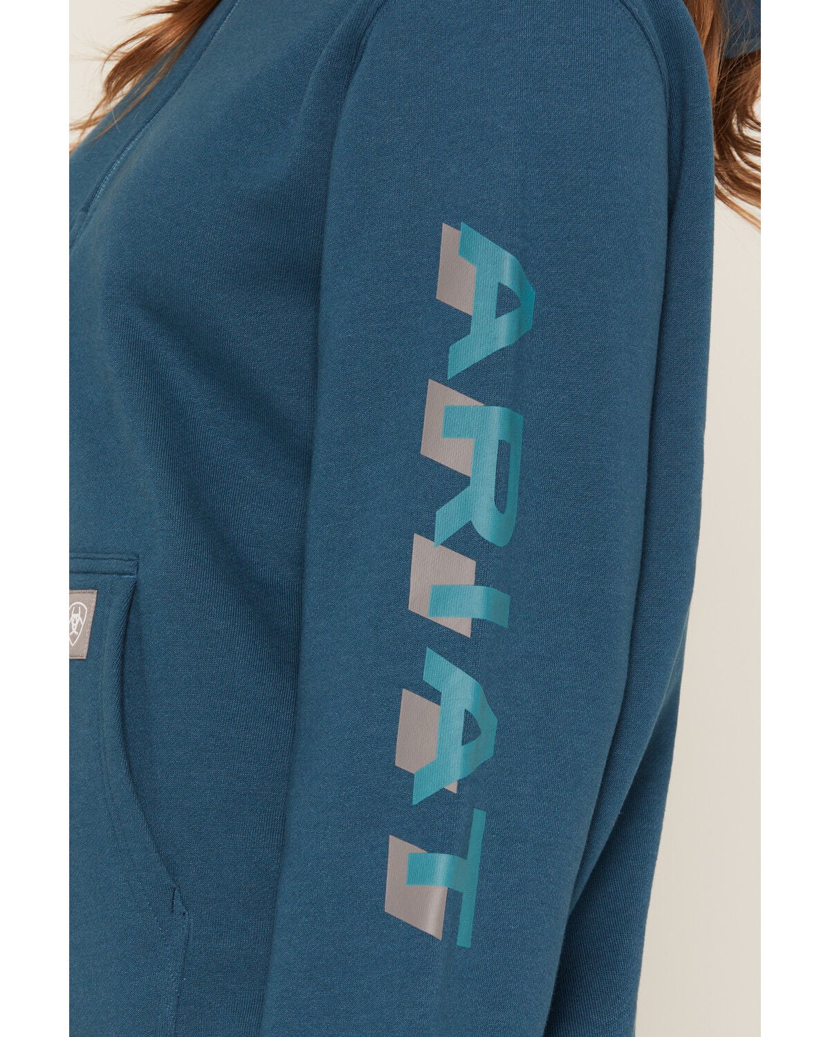 Image #3 - Ariat Women's Rebar Lightweight Logo 1/2 Zip Hooded Pullover, Turquoise, hi-res