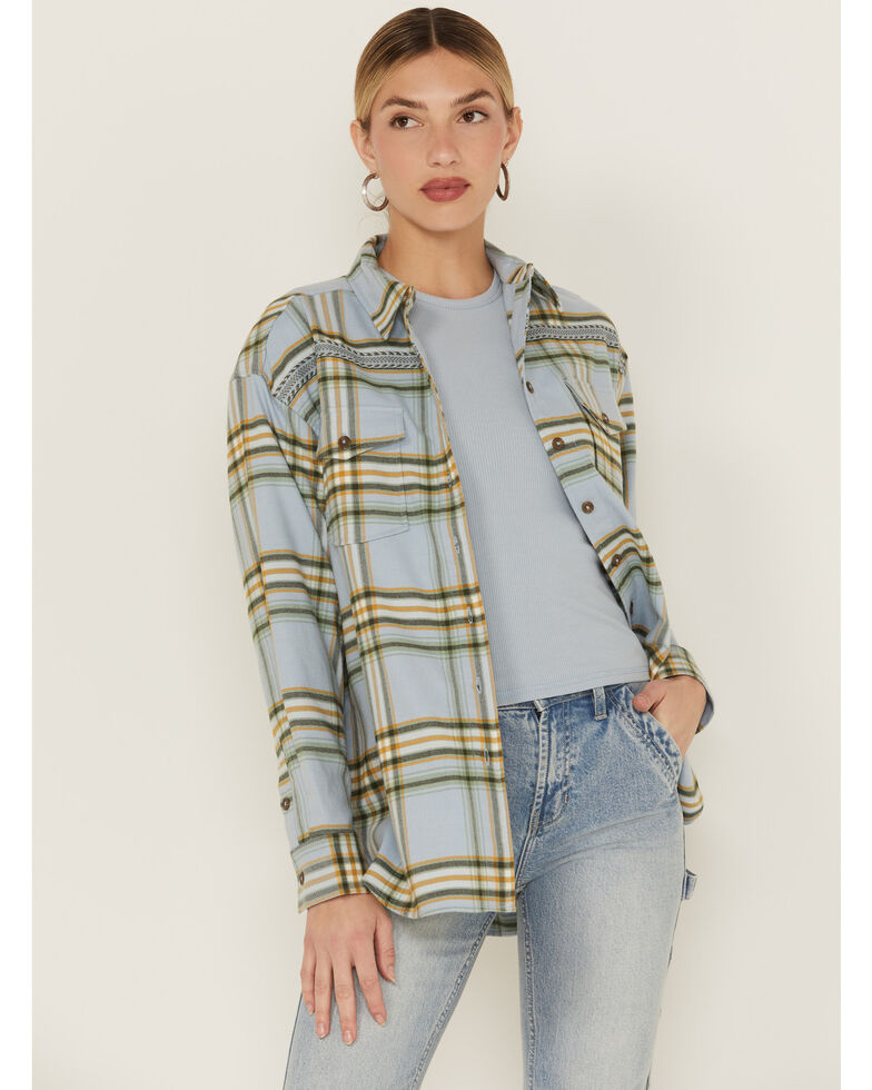 Cleo + Wolf Women's Cozy Spring Flannel , Steel Blue, hi-res