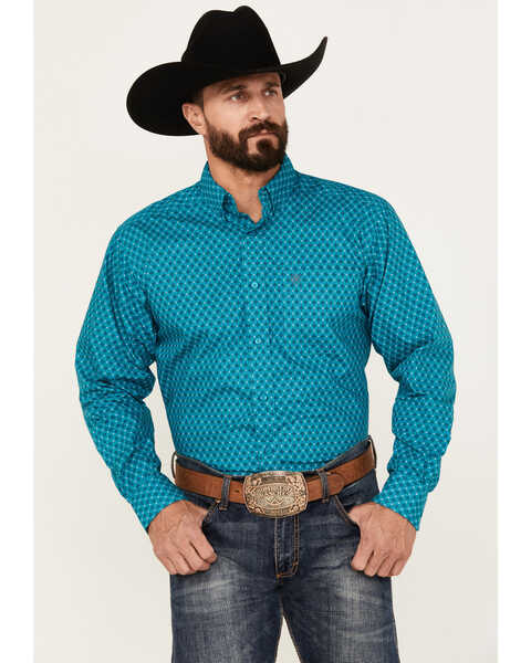Ariat Men's Bryant Geo Print Long Sleeve Button-Down Western Shirt, Teal, hi-res