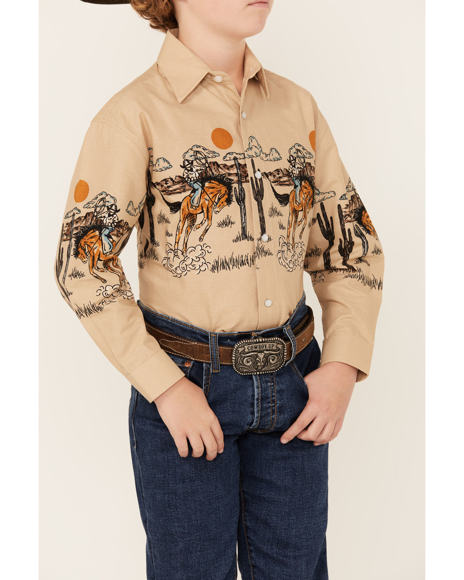 Panhandle Boys' Cowboy Border Print Long Sleeve Pearl Snap