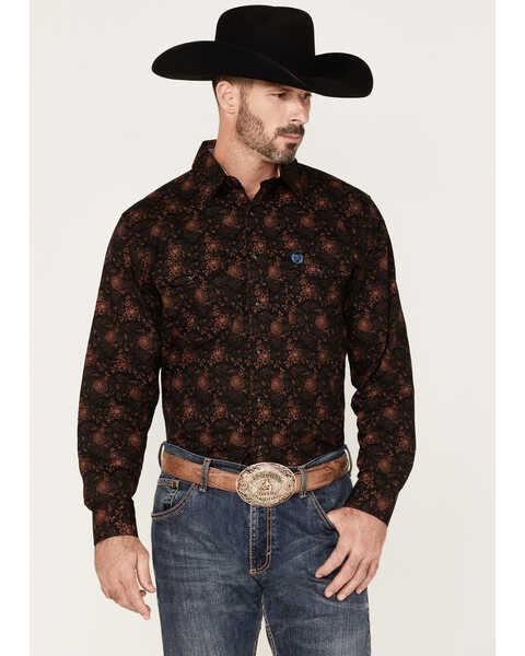 Panhandle Select Men's Floral Print Long Sleeve Snap Western Shirt, Rust Copper, hi-res