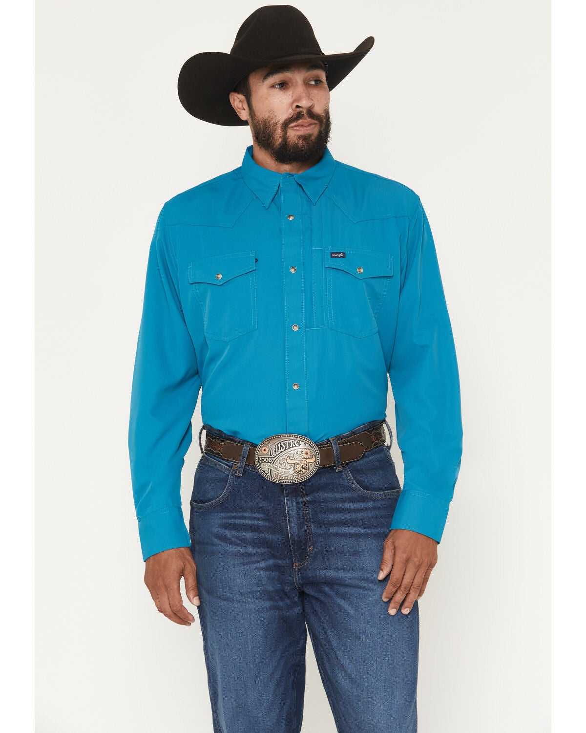 Wrangler Men's Solid Long Sleeve Snap Performance Western Shirt, Teal, hi-res