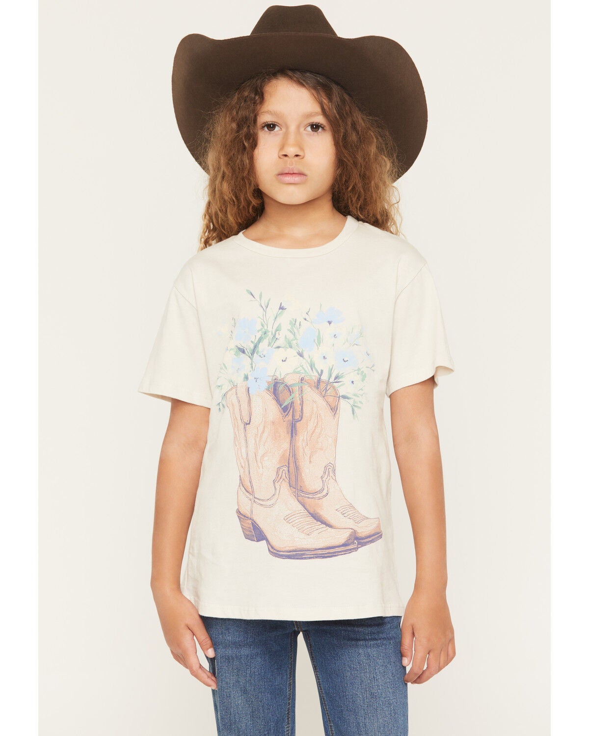 Originality Girls' Floral Boot Short Sleeve Graphic T-Shirt, Off White, hi-res