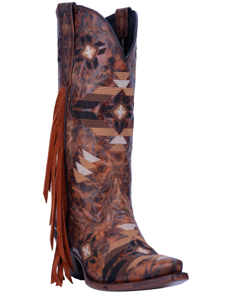 Dan Post Women's Pueblo Fringe Western Boots - Snip Toe, Brown, hi-res