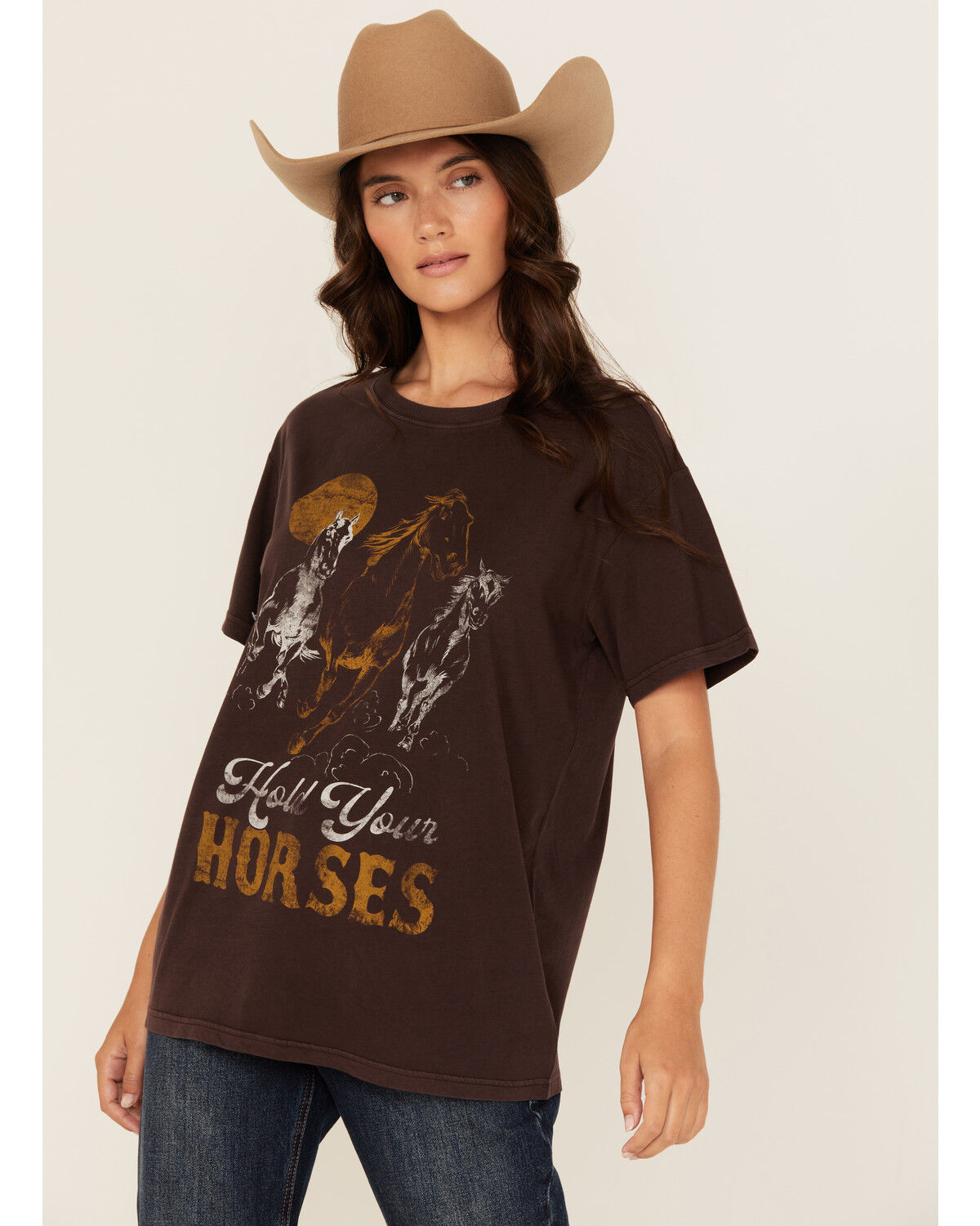 Image #1 - Shyanne Women's Hold Your Horses Short Sleeve Graphic Tee, Chocolate, hi-res
