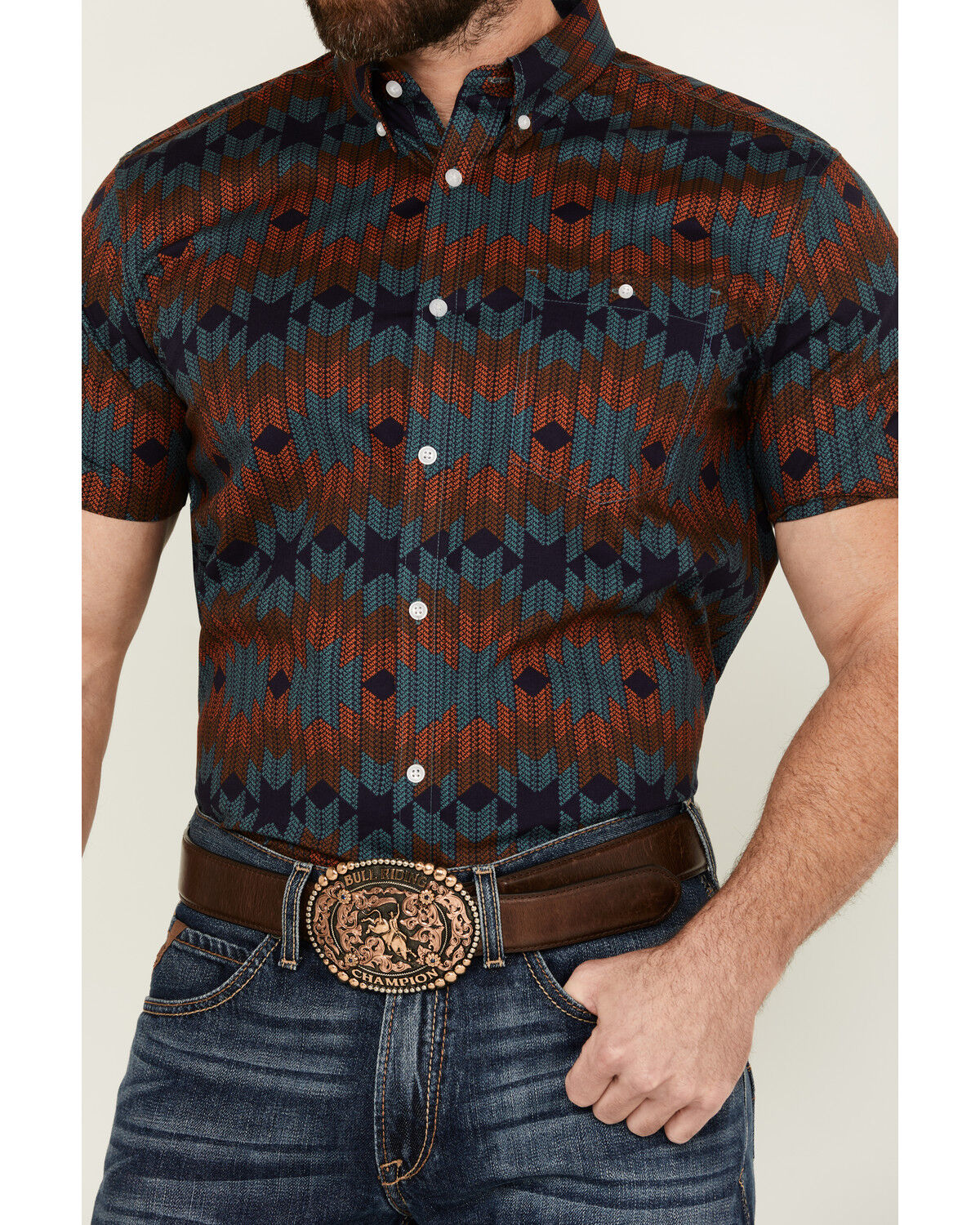 Image #3 - RANK 45® Men's Azrank Southwestern Print Short Sleeve Button-Down Stretch Western Shirt, Teal, hi-res