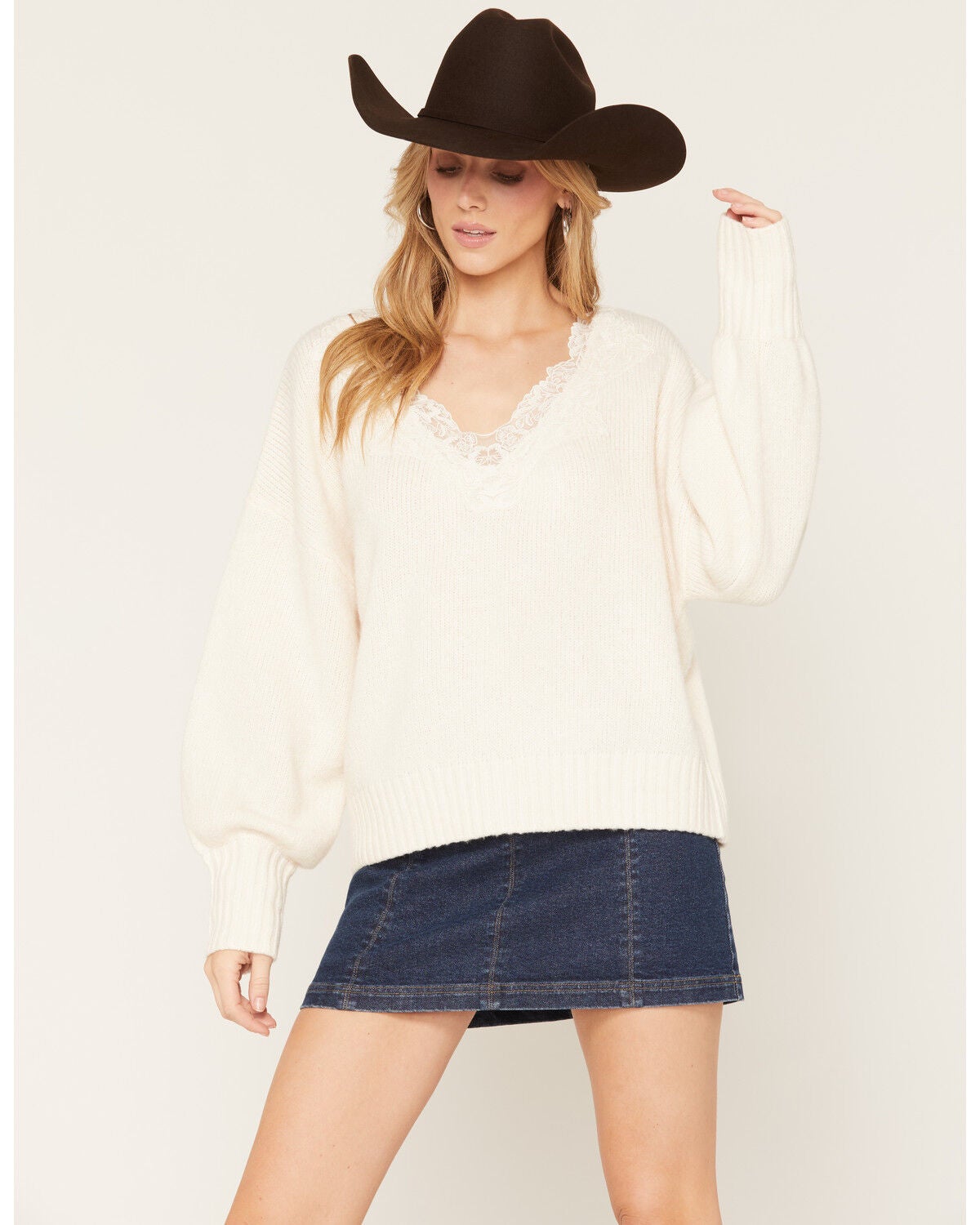 Cleo + Wolf Women's Lace Trim Sweater, Ivory, hi-res