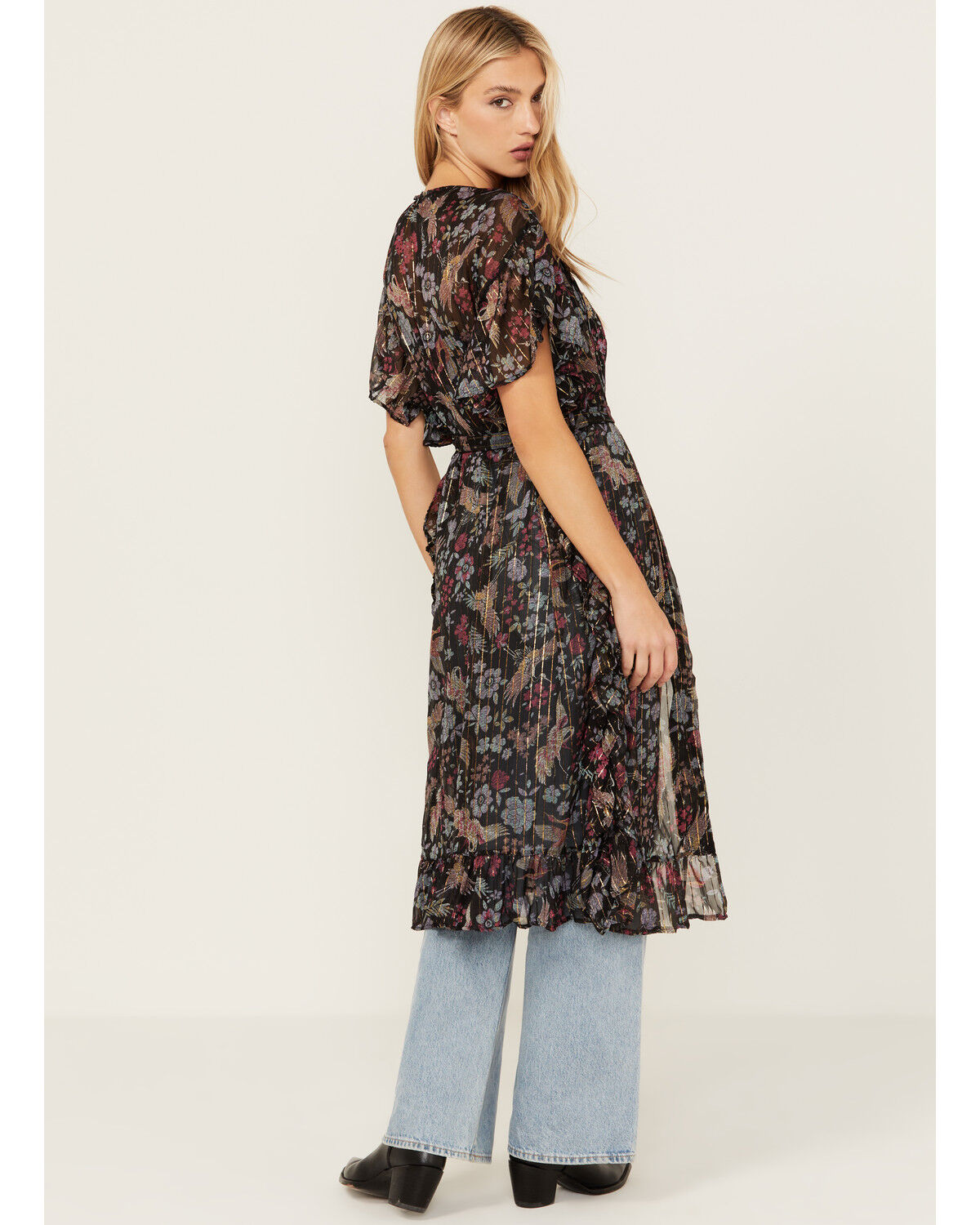 Image #4 - Angie Women's Floral Bird Print Ruffle Kimono, Black, hi-res