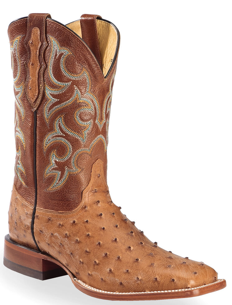 Justin Men's Cognac Waxy Full Quill Ostrich Cowboy Boots Wide Square Toe Country Outfitter