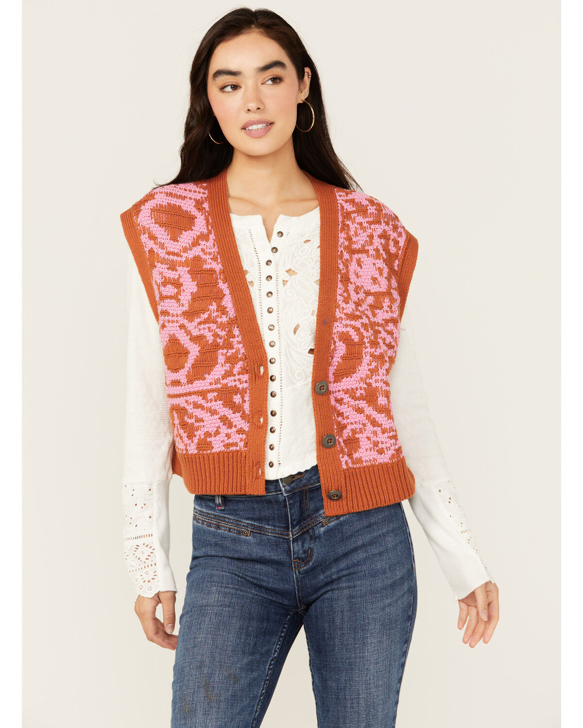 Image #1 - Free People Women's Tapestry Sweater Vest, Rust Copper, hi-res