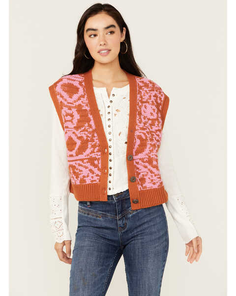 Free People Women's Tapestry Sweater Vest , Rust Copper, hi-res