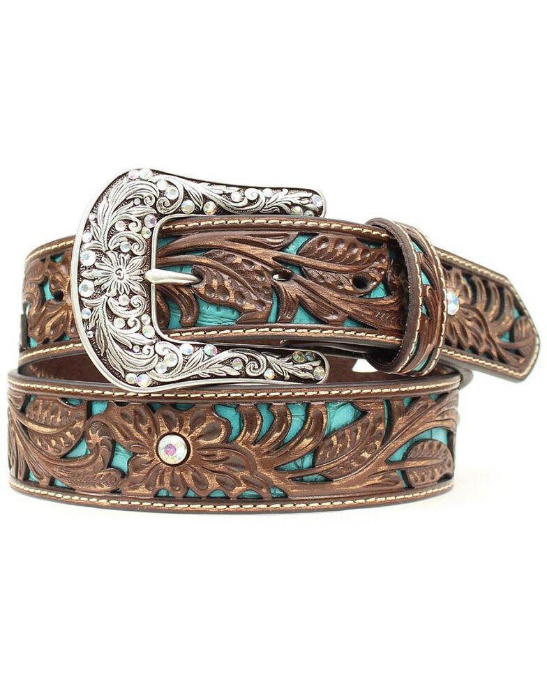 Ariat Tooled Turquoise Leather Inlay Belt, Brown, hi-res