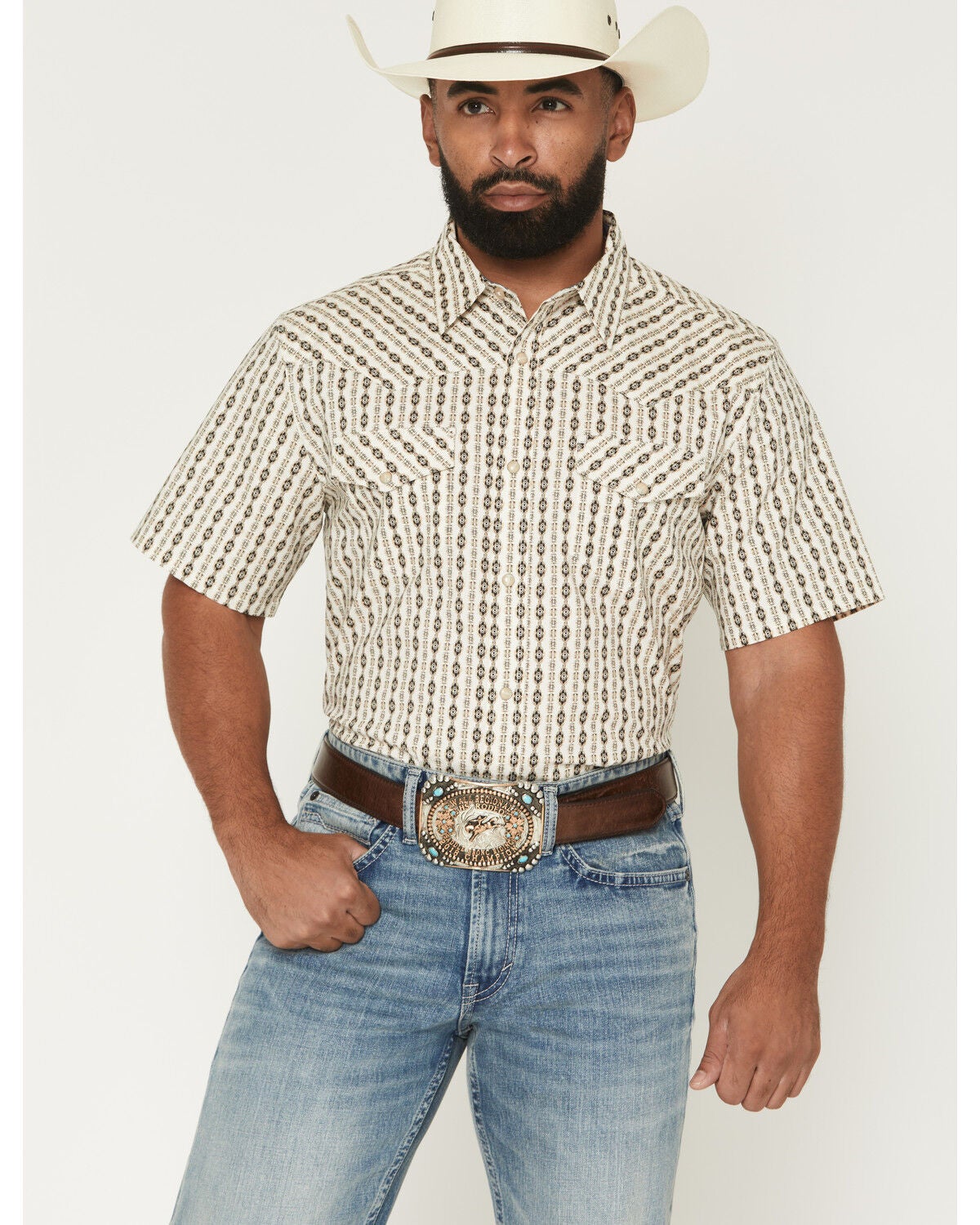 Image #1 - RANK 45&reg; Men's Eye In The Sky Geo Stripe Print Short Sleeve Snap Stretch Western Shirt, Ivory, hi-res