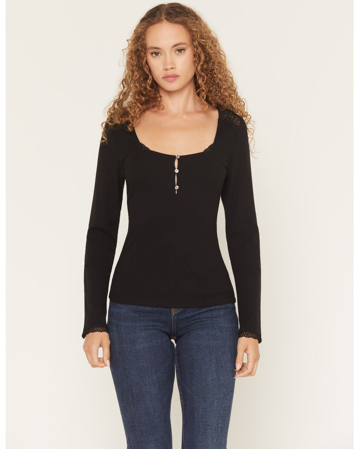 Image #1 - Idyllwind Women's Sugarhill Lace Long Sleeve Ribbed Shirt, Black, hi-res