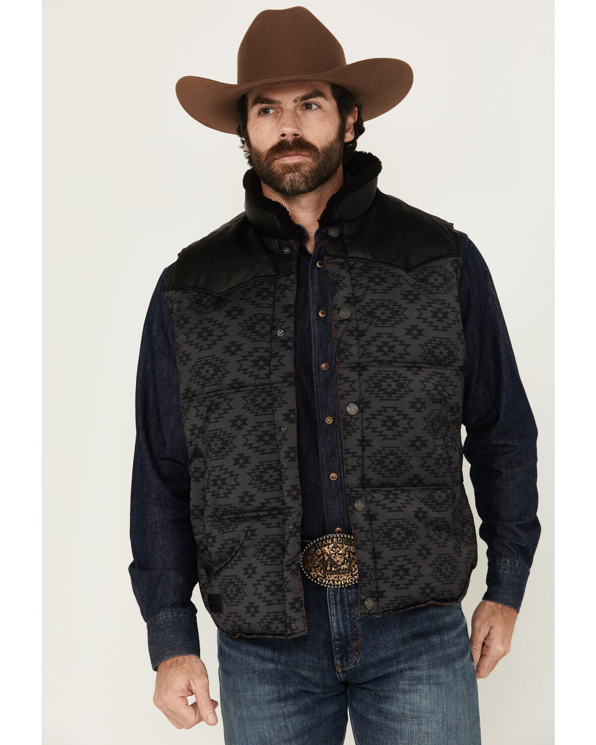 Image #1 - Cody James Men's Rocker Tonal Southwestern Print Puffer Vest, Black, hi-res