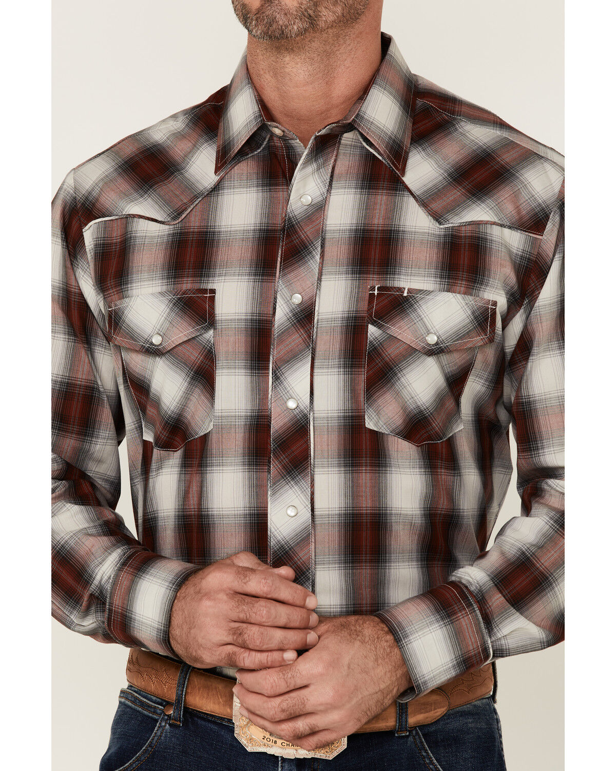 Image #3 - Roper Men's Multi Plaid Embroidered Horse Long Sleeve Pearl Snap Western Shirt, Maroon, hi-res