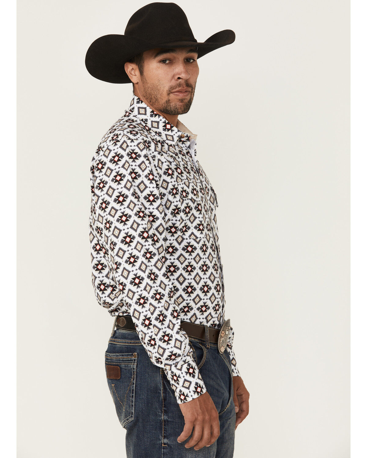 Image #2 - Rodeo Clothing Men's Geo Print Long Sleeve Snap Western Shirt, White, hi-res